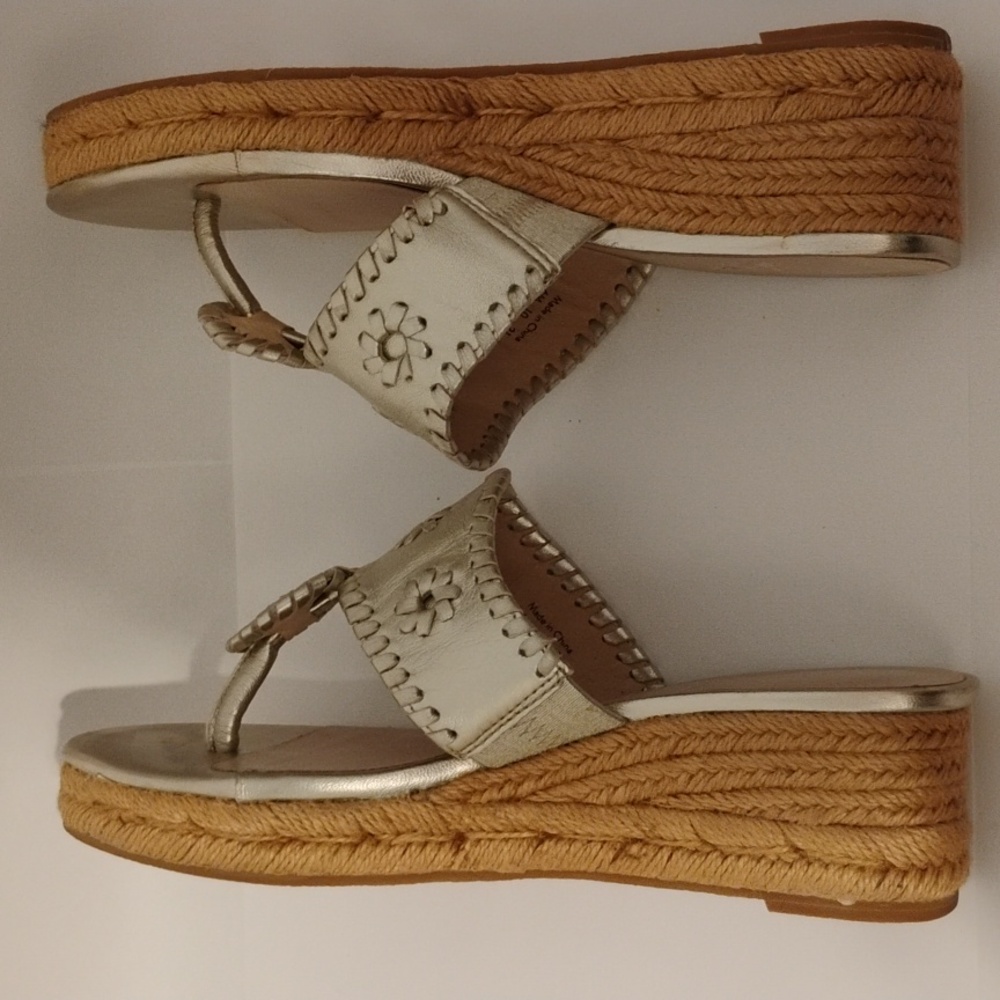 Jack Rogers Sandals Heels Wedge Thong Leather Jute Espadrille Medallion Gold 6 - Picture 7 of 12